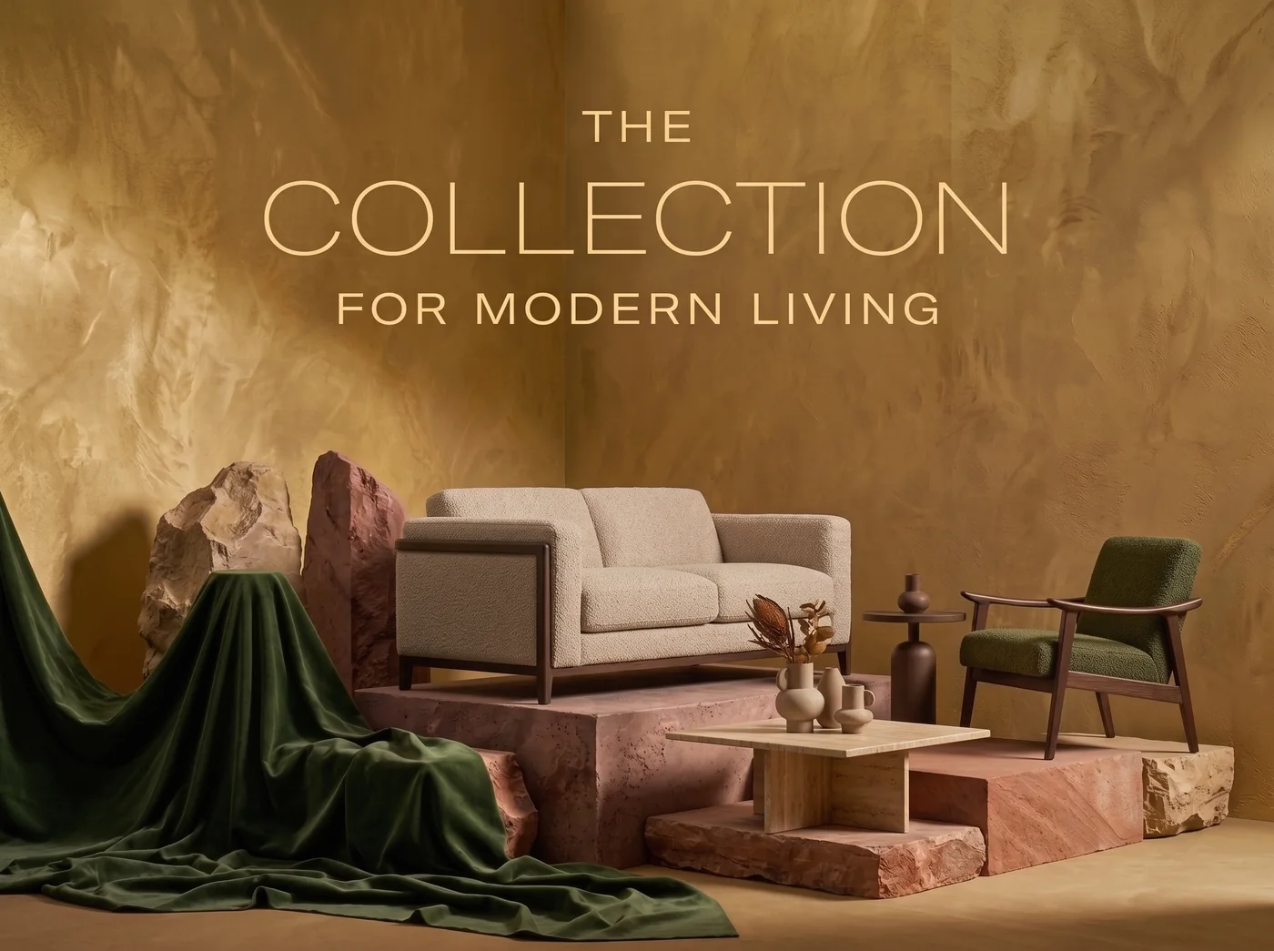 The collection for modern living: a beige sofa and an olive armchair on stone blocks against a gold wall